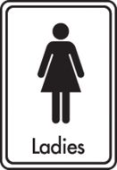 Ladies symbol with text. Black on white. F/M