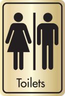 Toilets symbol with text. Black on gold. F/M