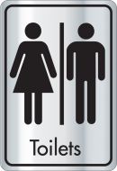 Toilets symbol with text. Black on silver. F/M