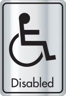 Disabled symbol with text. Black on silver. F/M