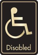Disabled symbol with text. Gold on black. F/M