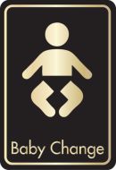 Baby change symbol with text. Gold on black. F/M