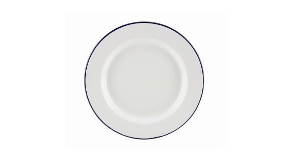 Enamel Wide Rim Plate White & Blue 26cm - Genware