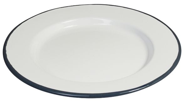 Enamel Round Plate White & Grey Rim 24cm / 10"