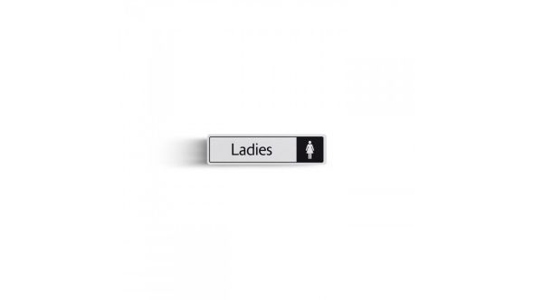 Ladies Bathroom Sign With Symbol - Black & White - Self Adhesive 43x178mm