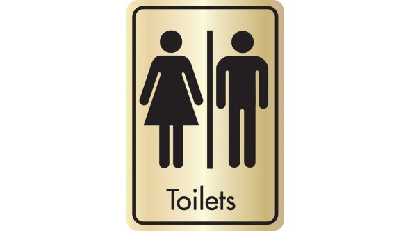 Toilets symbol with text. Black on gold. F/M