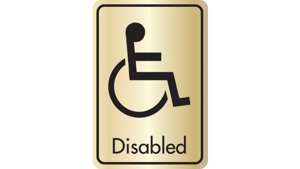 Disabled symbol with text. Black on gold. F/M