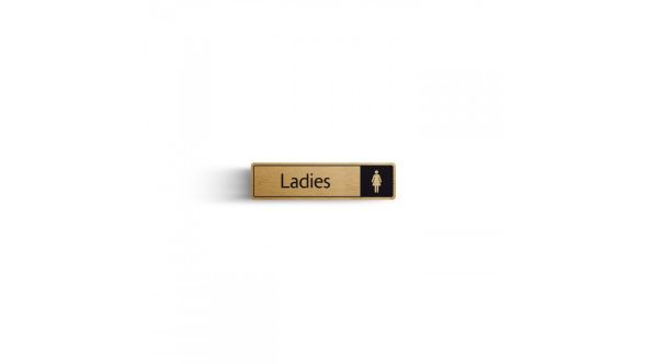 Ladies Bathroom Sign With Symbol - Black & Gold  - Self Adhesive 43x178mm