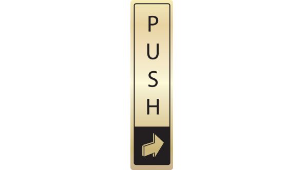 Push vertical with symbol. Black on gold. F/M