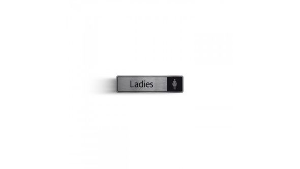 Ladies Bathroom Sign With Symbol - Black & Silver  - Self Adhesive 43x178mm