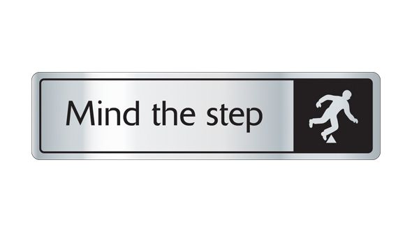 Mind the step with symbol. Black on silver. F/M