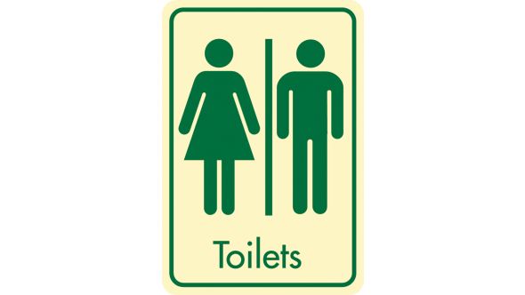 Toilets symbol with text.Cream on green. F/M