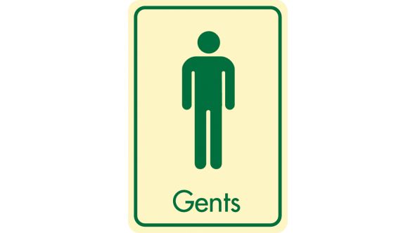 Gents symbol with text. Cream on green. F/M