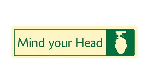 Mind your head with symbol. Cream on green. F/M