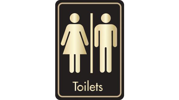 Toilets symbol with text. Gold on black. F/M