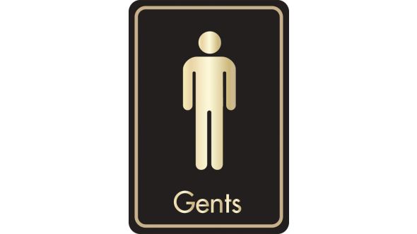 Gents symbol with text. Gold on black. F/M