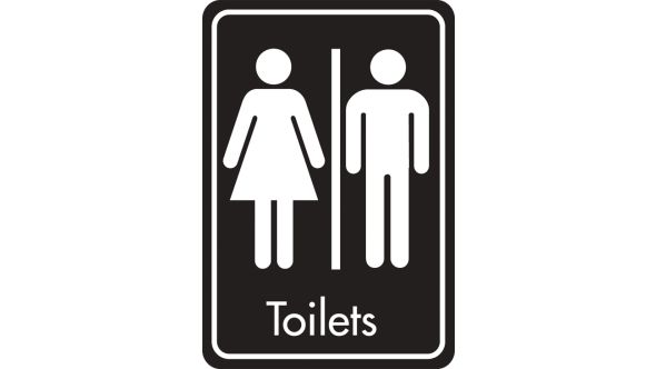 Toilets symbol with text. White on black. F/M