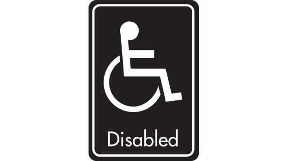 Disabled symbol with text. White on black. F/M