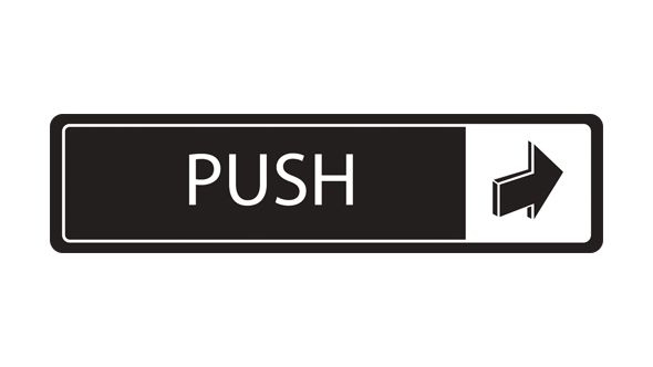 Push horizontal with symbol. White on black. F/M