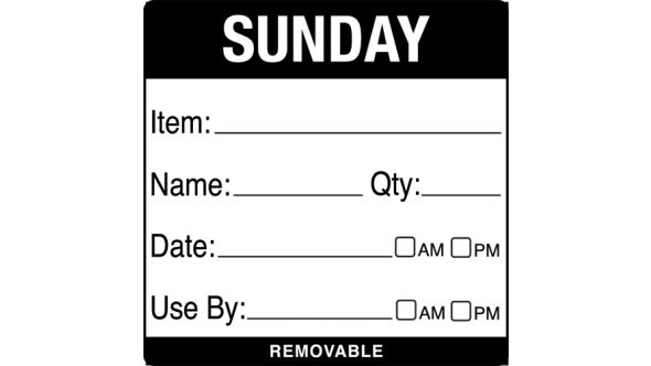 Sunday item/date/use by 50x50mm food labels. 500 per roll