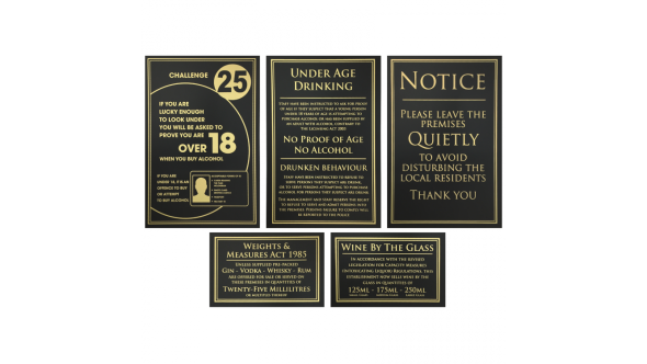 Essential Bar Licensing Sign Pack of 5 Signs Black & Gold