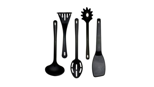 Black 5pc Nylon Utensil Set - Turner, Masher, Slotted Spoon, Ladle & Spaghetti Server