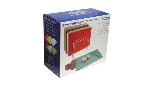 Pk 6 Colour Chopping Boards & Rack 18"x12"x ½"