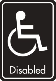 Disabled symbol with text. White on black. F/M