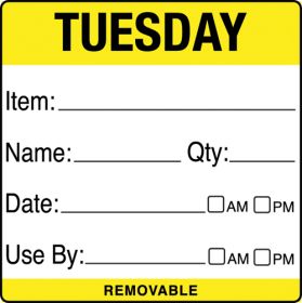 Tuesday item/date/use by 50x50mm Food Labels. 500 per roll