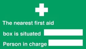 Nearest first aid box/person in charge sign150x300mm self adhesive or polypropylene