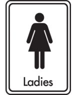 Ladies symbol with text. Black on white. F/M