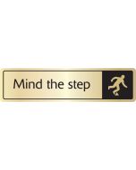 Mind the step with symbol. Black on gold. F/M