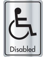 Disabled symbol with text. Black on silver. F/M