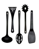 Black 5pc Nylon Utensil Set - Turner, Masher, Slotted Spoon, Ladle & Spaghetti Server