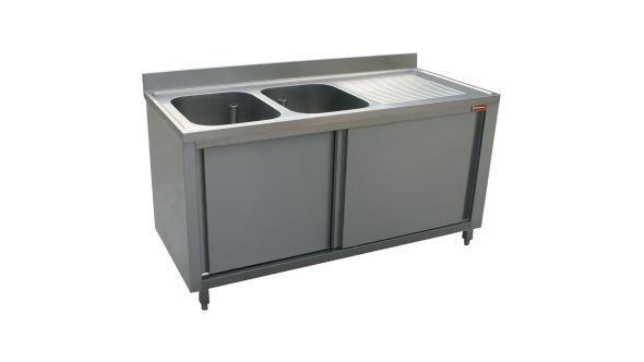 Diamond L2021D-AS Sink 2 Tanks 600X500Xh325, Right Draining Board On Cupboard 2 Sliding Doors