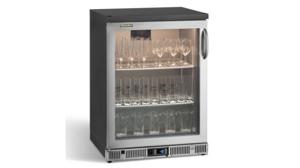 Gamko GF/100LGCS Left Hand Hinged Glass Single Door Stainless Steel Bottle Cooler, 50 Pint Glasses