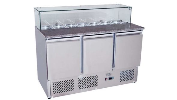 Ice-A-Cool ICE3864GR 3 Door Marble Top Saladette Preparation Counter, 380 Litres