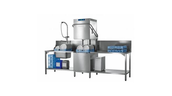 Hobart AMXXSW-10B 500mm Basket Hood / Passthrough Dishwasher with Integral Water Softener & Drain Pump, 18 Plates