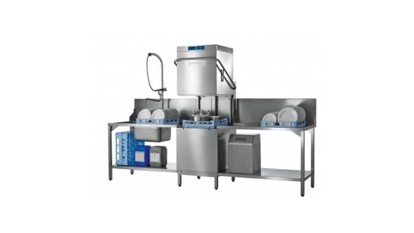 Hobart AMXRSW-10B 500mm Basket Hood / Passthrough Dishwasher with Integral Water Softener & Drain Pump, 18 Plates