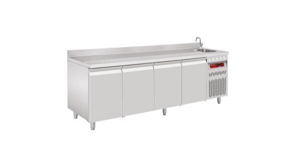 Diamond DT224/P9A_EV 4 Door Stainless Steel Refrigerated Counter with Splashback & Sink, 550 Litres
