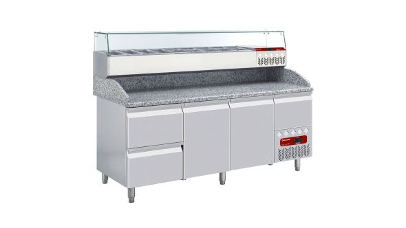 Diamond TP261/P9_SY198G/PP9 2 Door / 2 Drawer Refrigerated Counter with Splashback & Topping Unit, 8 x 1/3 GN