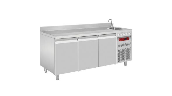 Diamond DT178/P9A_EV 3 Door Stainless Steel Refrigerated Counter with Splashback & Sink, 405 Litres