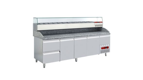 Diamond TP361/P9_SY249G/PP9 3 Door / 2 Drawer Refrigerated Counter with Splashback & Topping Unit, 11 x 1/3 GN