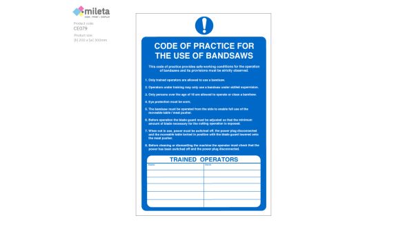 Code of Practice for the use of Bandsaws Catering safety notice