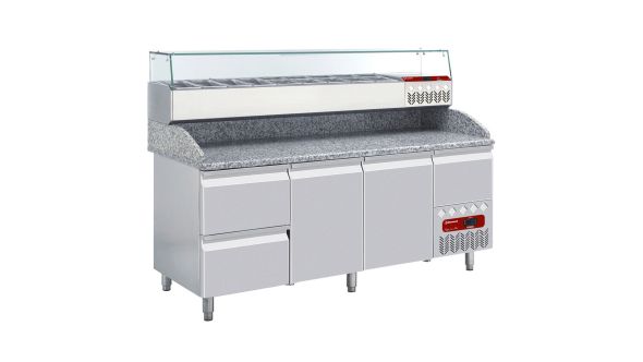 Diamond TP261/P9_SX198G/PP9 2 Door / 2 Drawer Refrigerated Counter with Splashback & Topping Unit, 9 x 1/4 GN