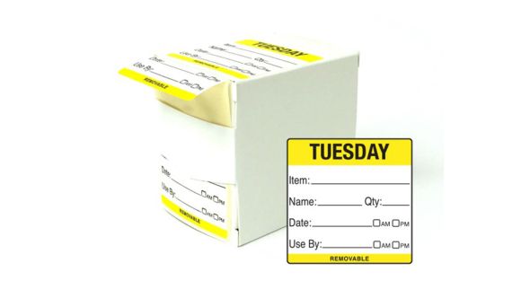 DY058 - 50mm Tuesday Food Preparation Rotation Label. 500 Per Roll (Boxed)