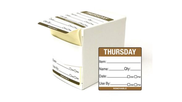 DY060 - 50mm Thursday Food Preparation Rotation Label. 500 Per Roll (Boxed)