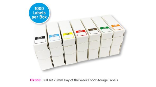 Day of the Week Colour Coded Food storage Labels – 25x25mm Full Set (Mon-Sun)