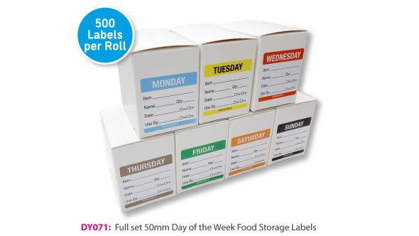 Day of the Week Colour Coded Food storage Labels – 50x50mm – Optional Label Dispenser