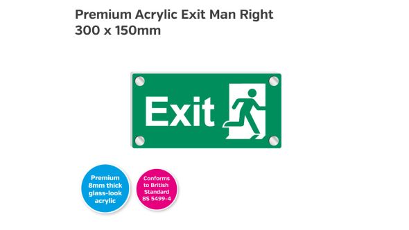 Premium Clear Acrylic Fire Exit Man Right Sign - 300 x 150mm